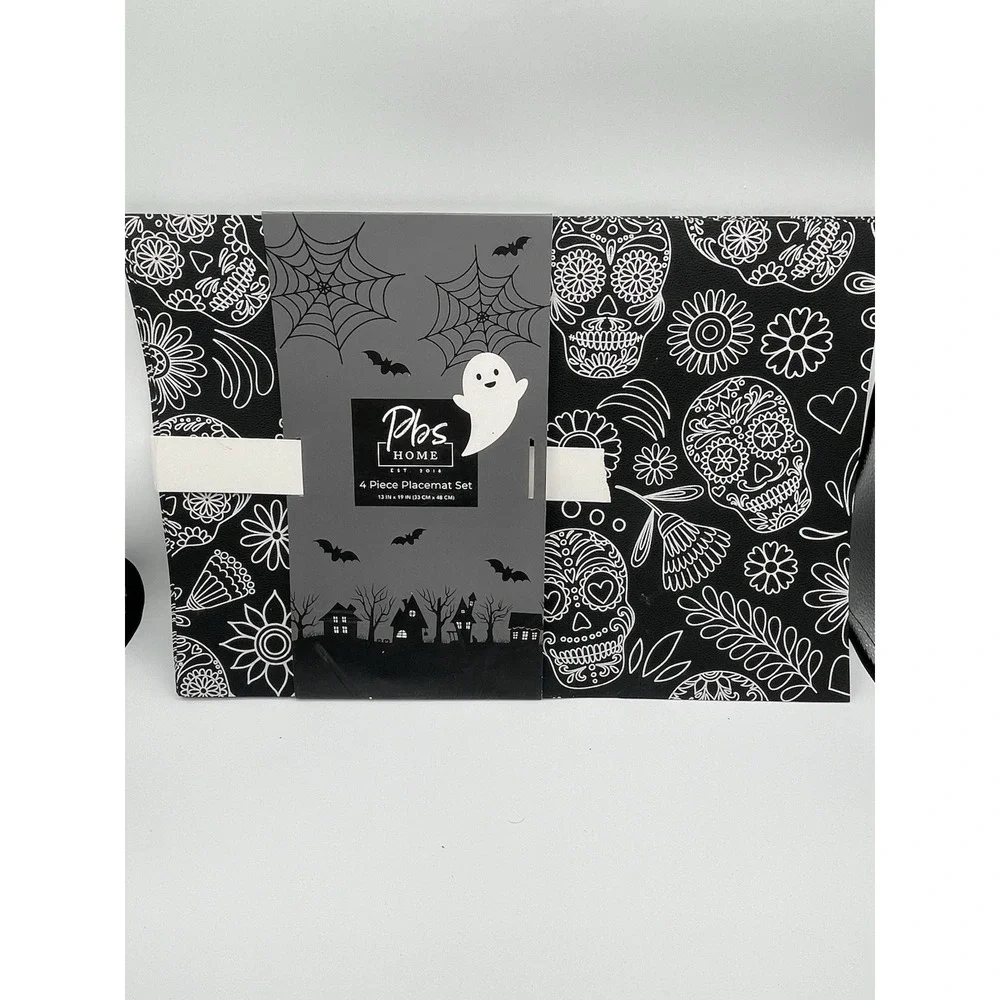 4 Piece Sugar skull‎ Halloween Black White Placemats Set 13
